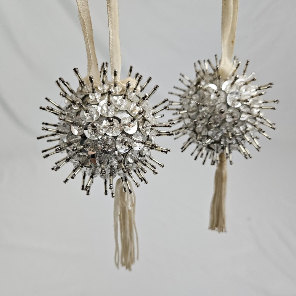 Vintage Silver Pushpin Christmas Ornament w/Tassel Set Of 2 MCM